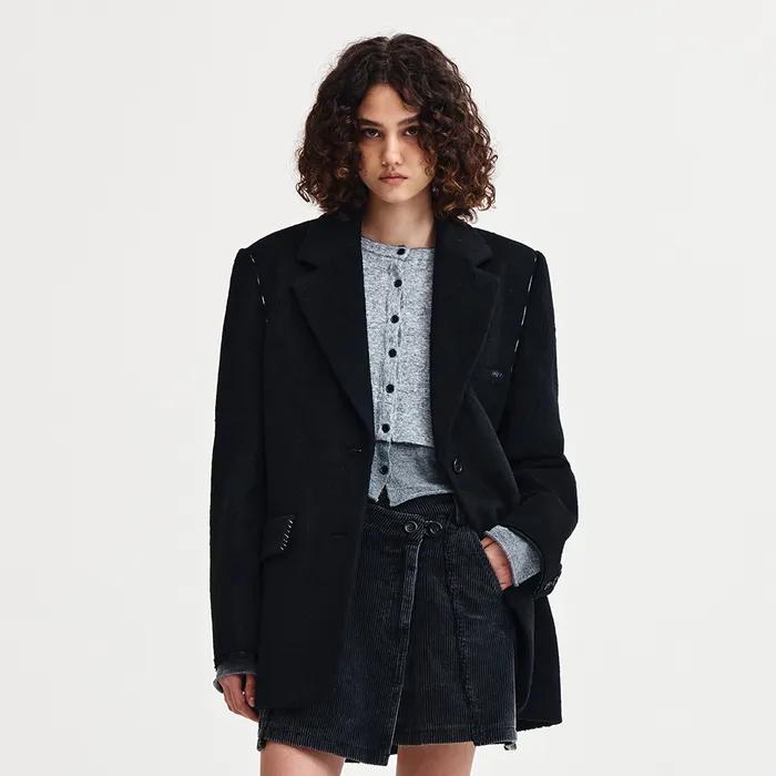 HAIRY OVERFIT STITCH SINGLE JACKET IN BLACK