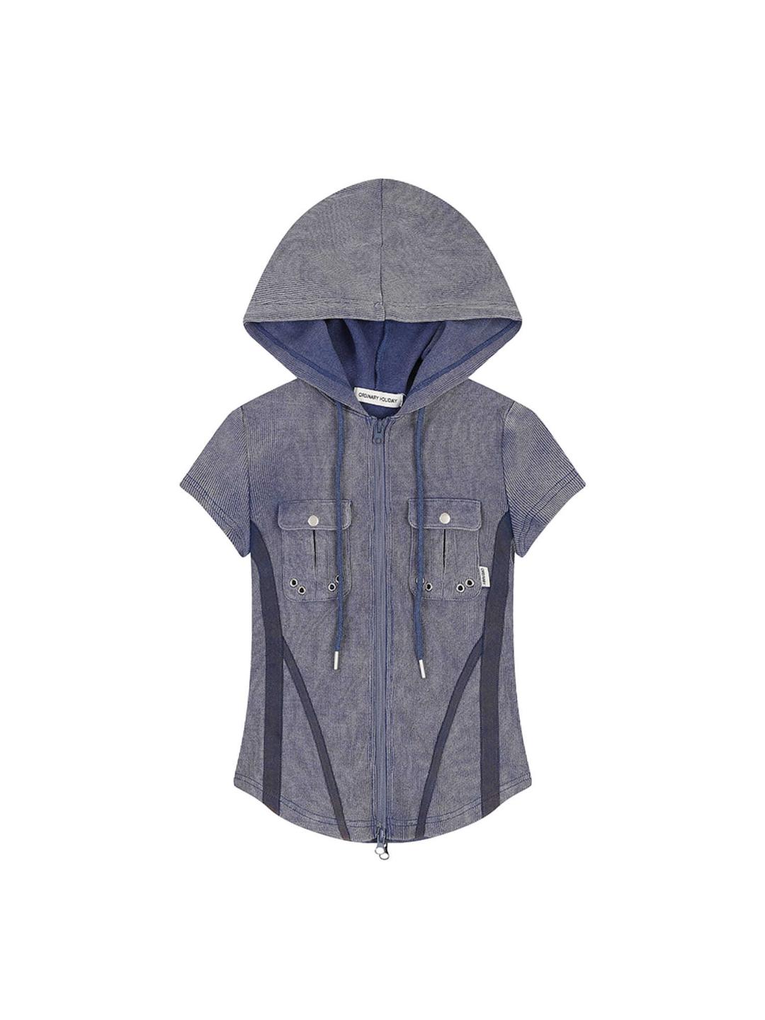 [EXCLUSIVE] HALF SLEEVE PIGMENT SLIM LINE ZIP-UP [BLUE]