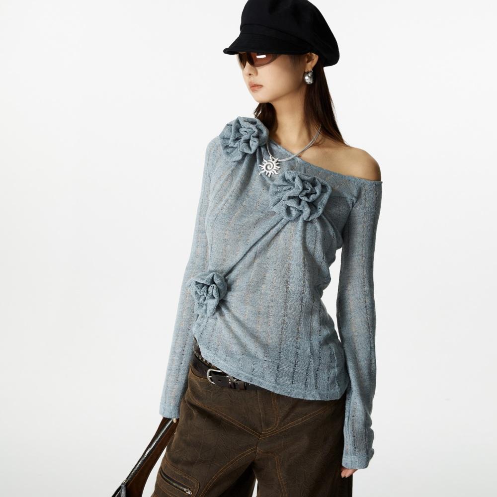 YOSHUYUKI 포그블루 플라워 코사지 긴팔 여름 니트 오프숄더 시스루 탑