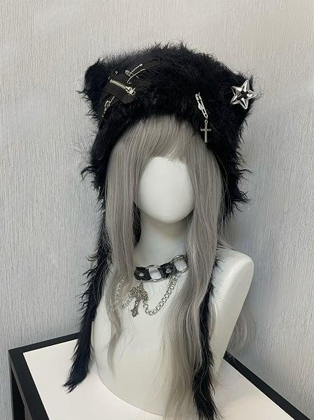 [$13.11]Black/White Pins and Zippers Accents Cat Ear Plush Hat
