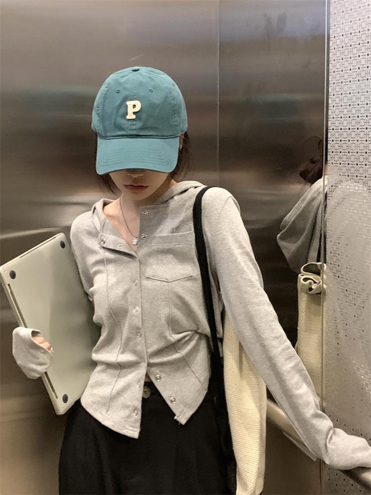 포켓 단추 핀턱 후드 가디건