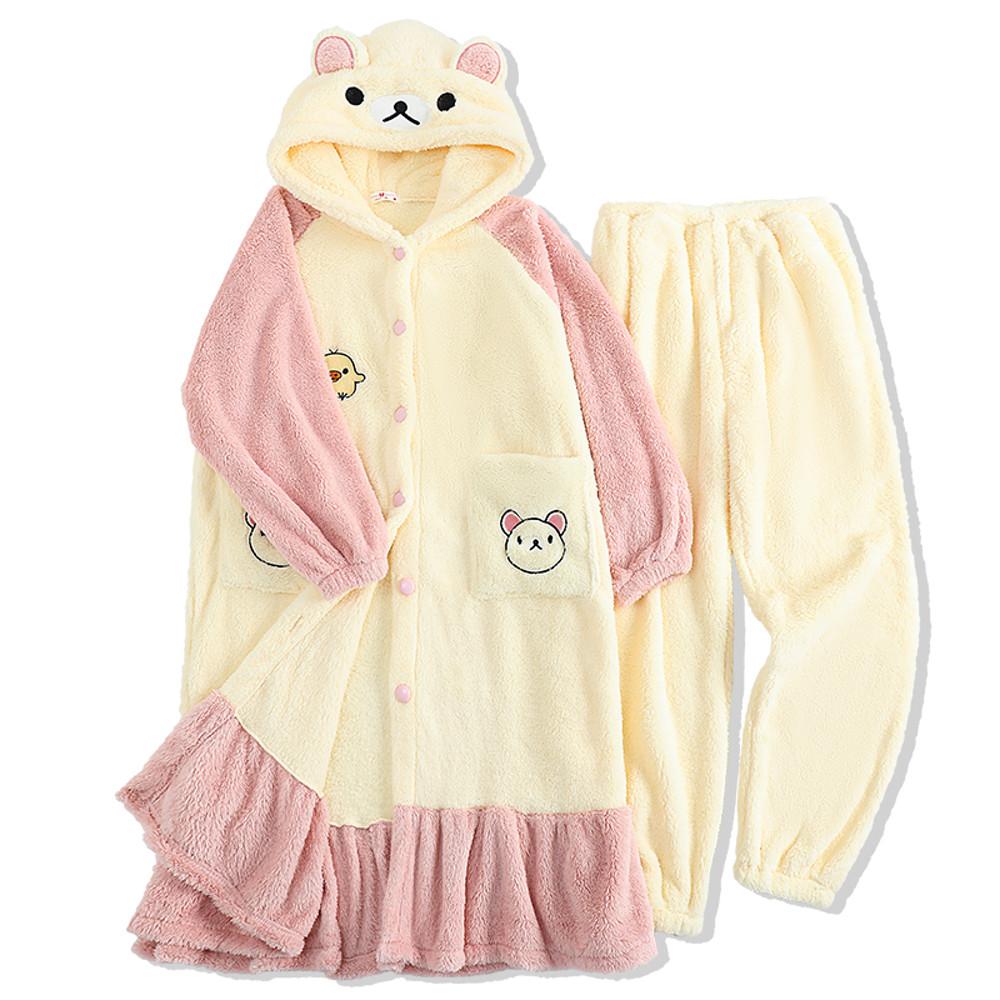 다락 사랑스러운 핑크 리락쿠마 커플 벨벳 수면잠옷 파자마 따뜻한 겨울 잠옷
