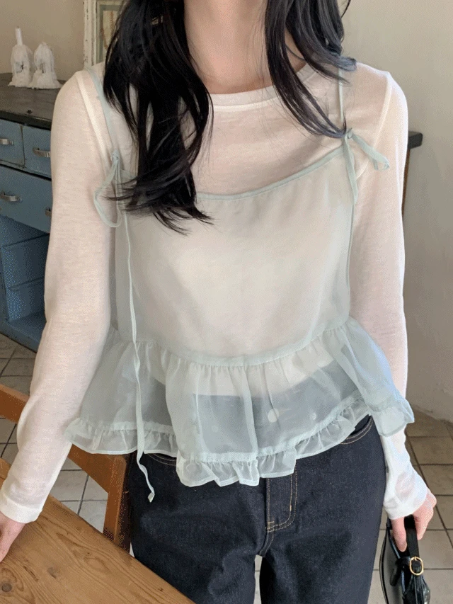 티니 민트 레이어드 시스루 프릴 끈 나시 블라우스