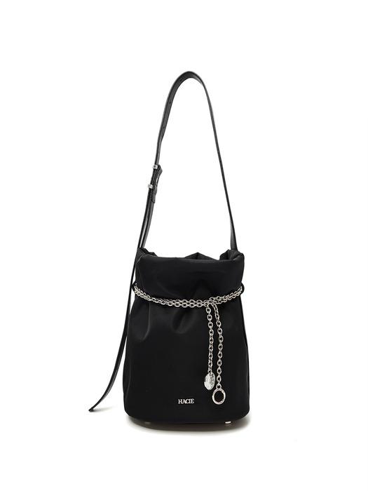 FAUX LEATHER STRAP NYLON SHOULDER BAG [BLACK]
