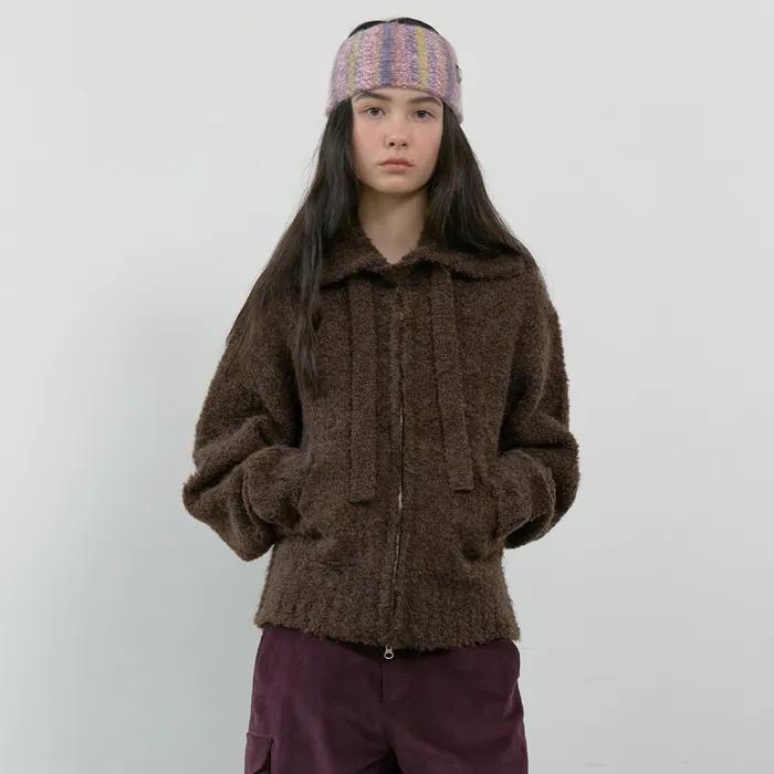 TIE SET COZY BOUCLE KNIT ZIP-UP_BROWN