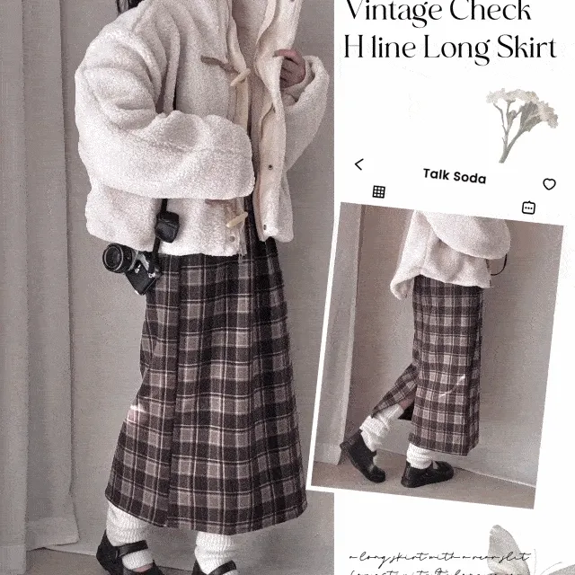 [빈티지🍂/뒷트임포인트!] 모직 체크 H라인 밴딩 롱스커트