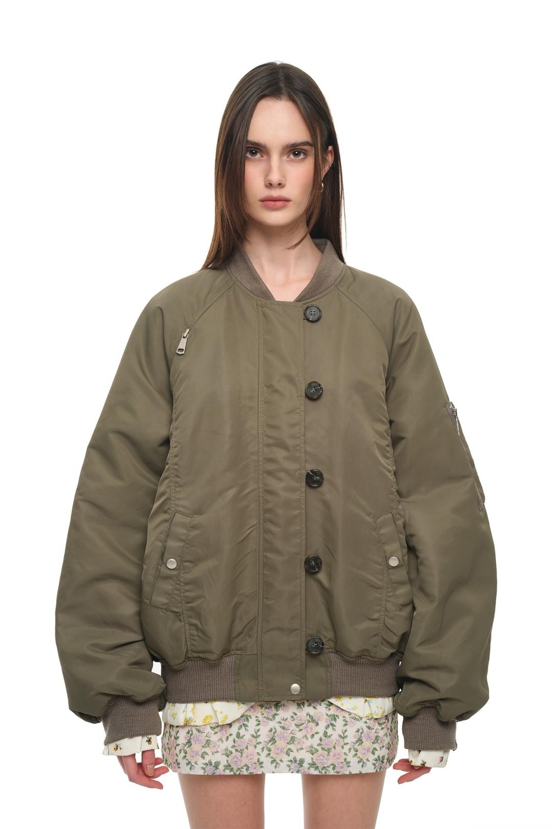 FLORAL TRIMMING BOMBER JACKET (KHAKI)