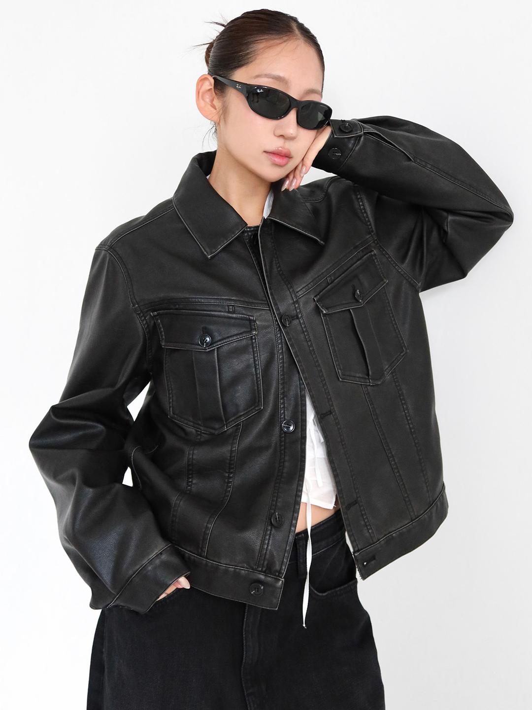 브릭 빈티지 크롭 레더 자켓