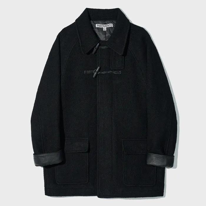 100% Curly Wool Toggle Half Coat Black