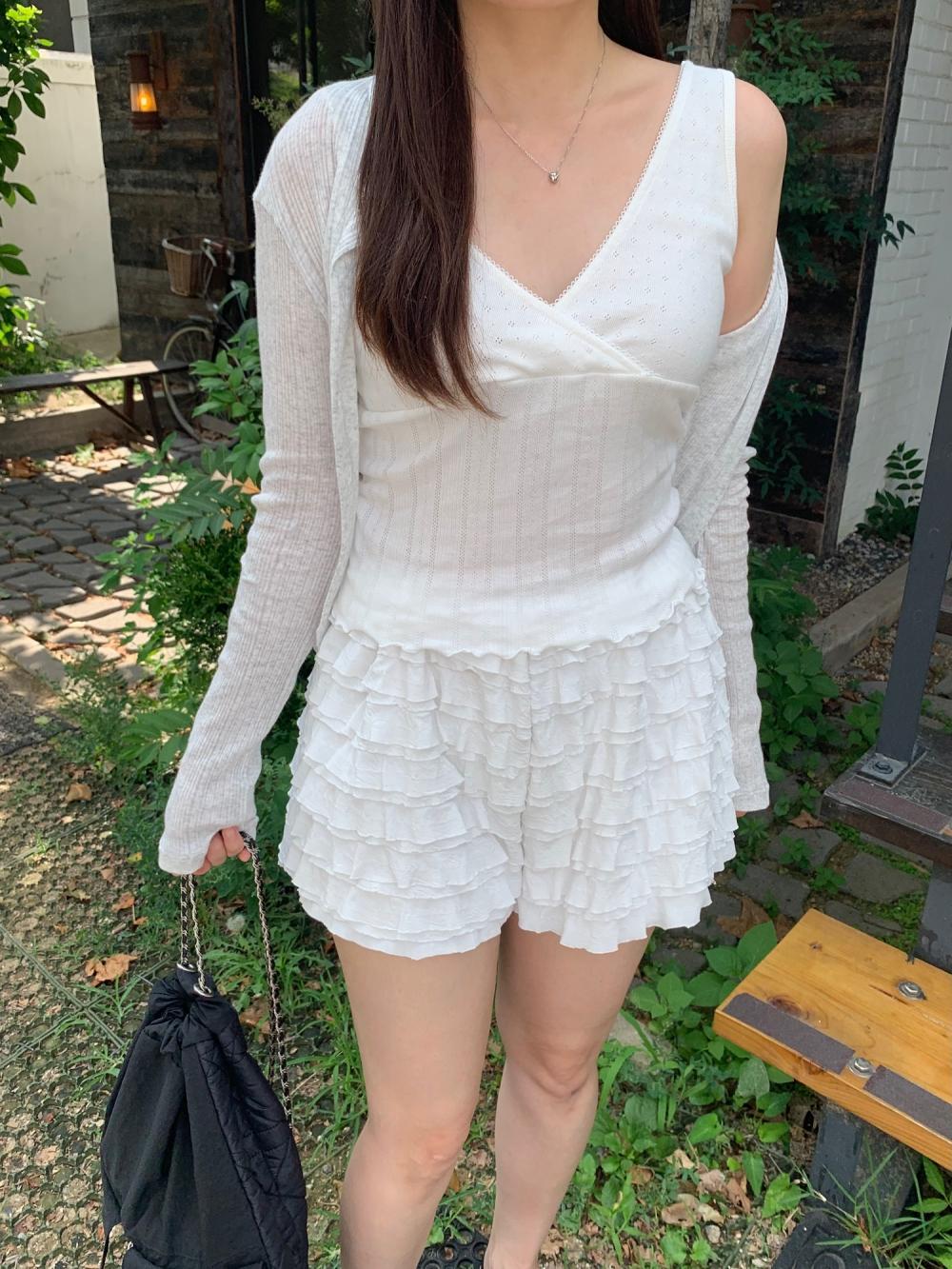 르라니 글랜 아일렛 브이넥 나시 펀칭 프릴 잔꽃 꽃무늬 슬리브리스 (3color)