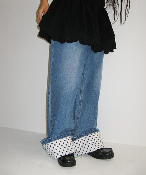 PATCH ROLL UP DENIM PANTS WHITE DOT