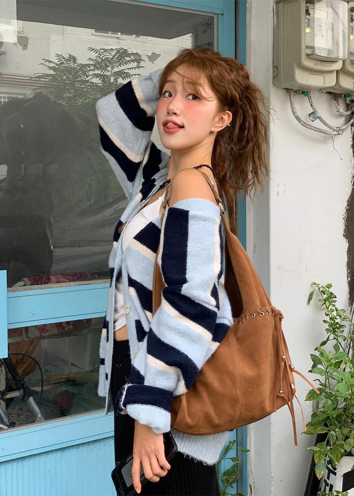 Soft Hair Multi Stripe Knit Cardigan_CTK241(Sky Blue)