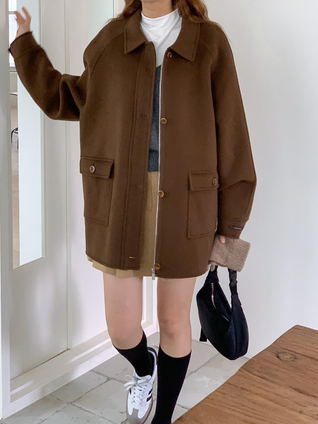 [아이메르]당일/포켓 집업 핸드메이드 하프코트 울100 키작녀 아담사이즈 헤링본 하프코트