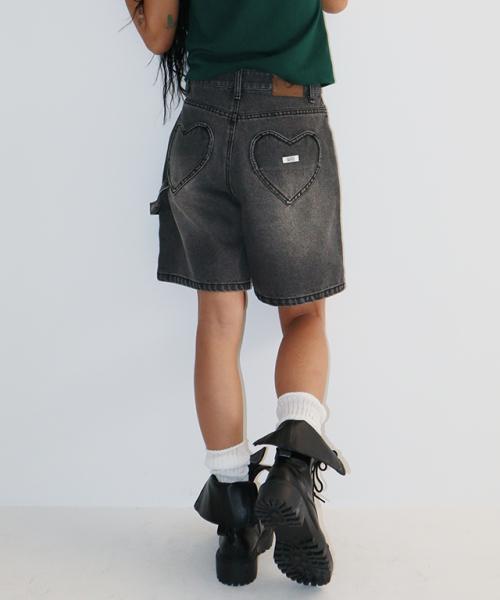 HEART POCKET CARPENTER SHORT DENIM PANTS BLACK