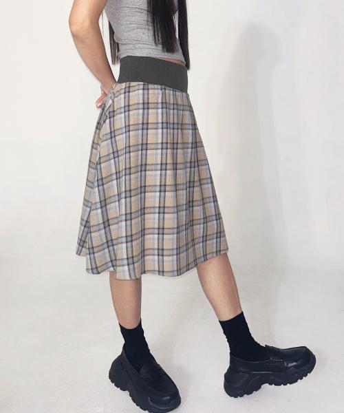 Check flare midi Skirt [Beige]