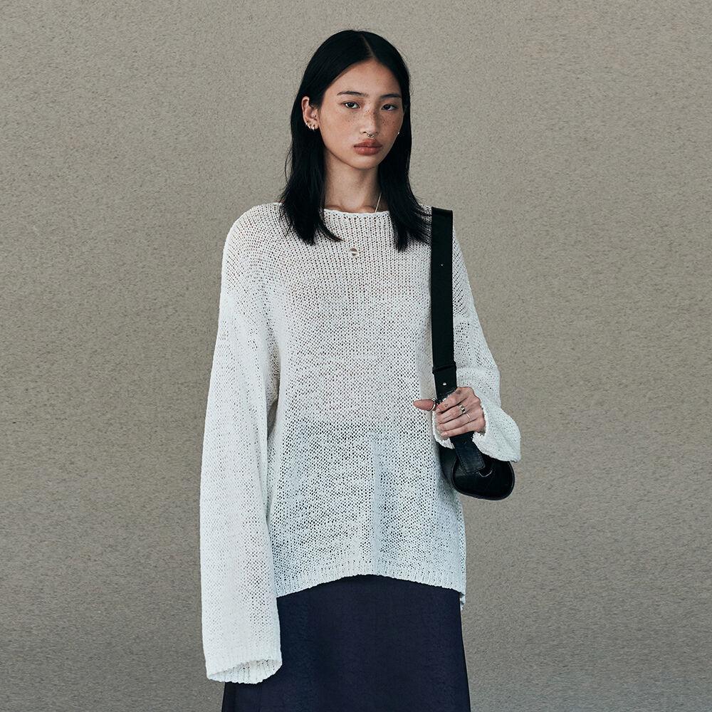 Tape Boat Neck Over Fit Pullover (White)