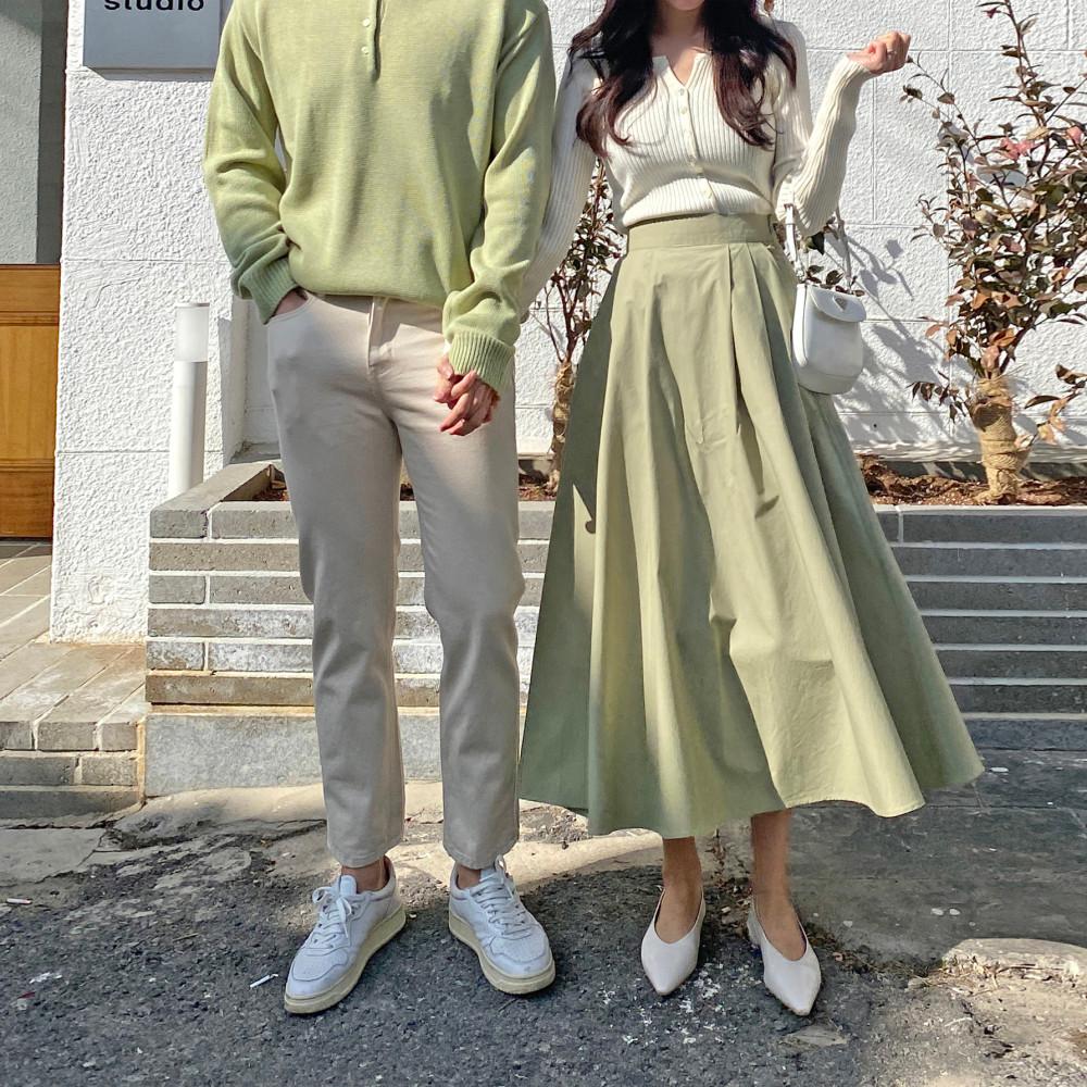 [당일출고] 플레어 코튼 스커트 n 스테디 단추 니트 커플룩 시밀러룩