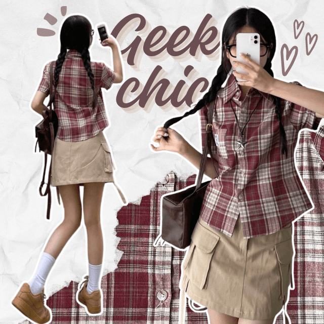 무드라벨 [여름신상/데일리] 라벨 포인트 빈티지 크롭 체크 반팔셔츠