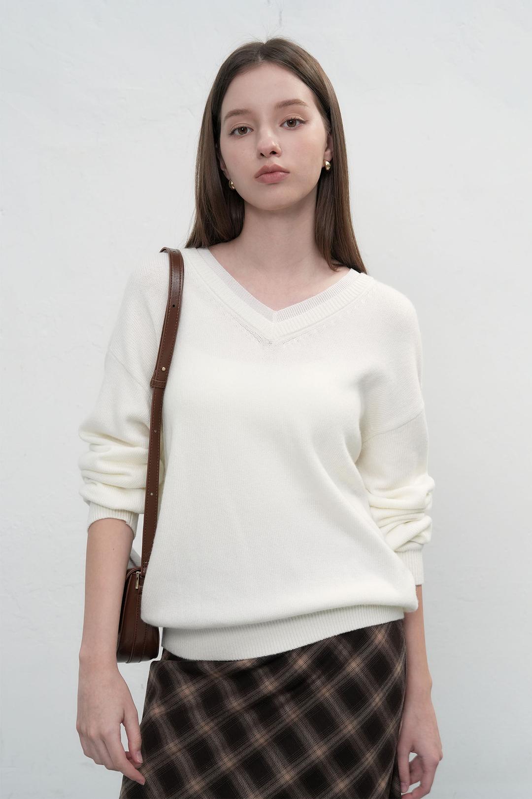 WOMAN 레이어드 브이넥 니트 풀오버 [IVORY]