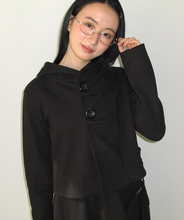 BIG BUTTON PLEATED HOODED CARDIGAN BLACK