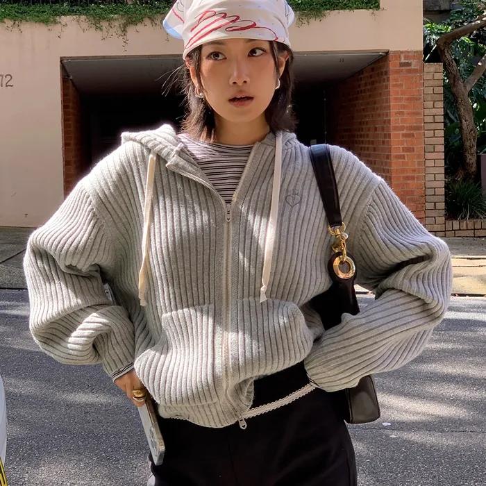 [해삐 pick]Essential Ribbed Knit Hood Zip Up-Light Grey