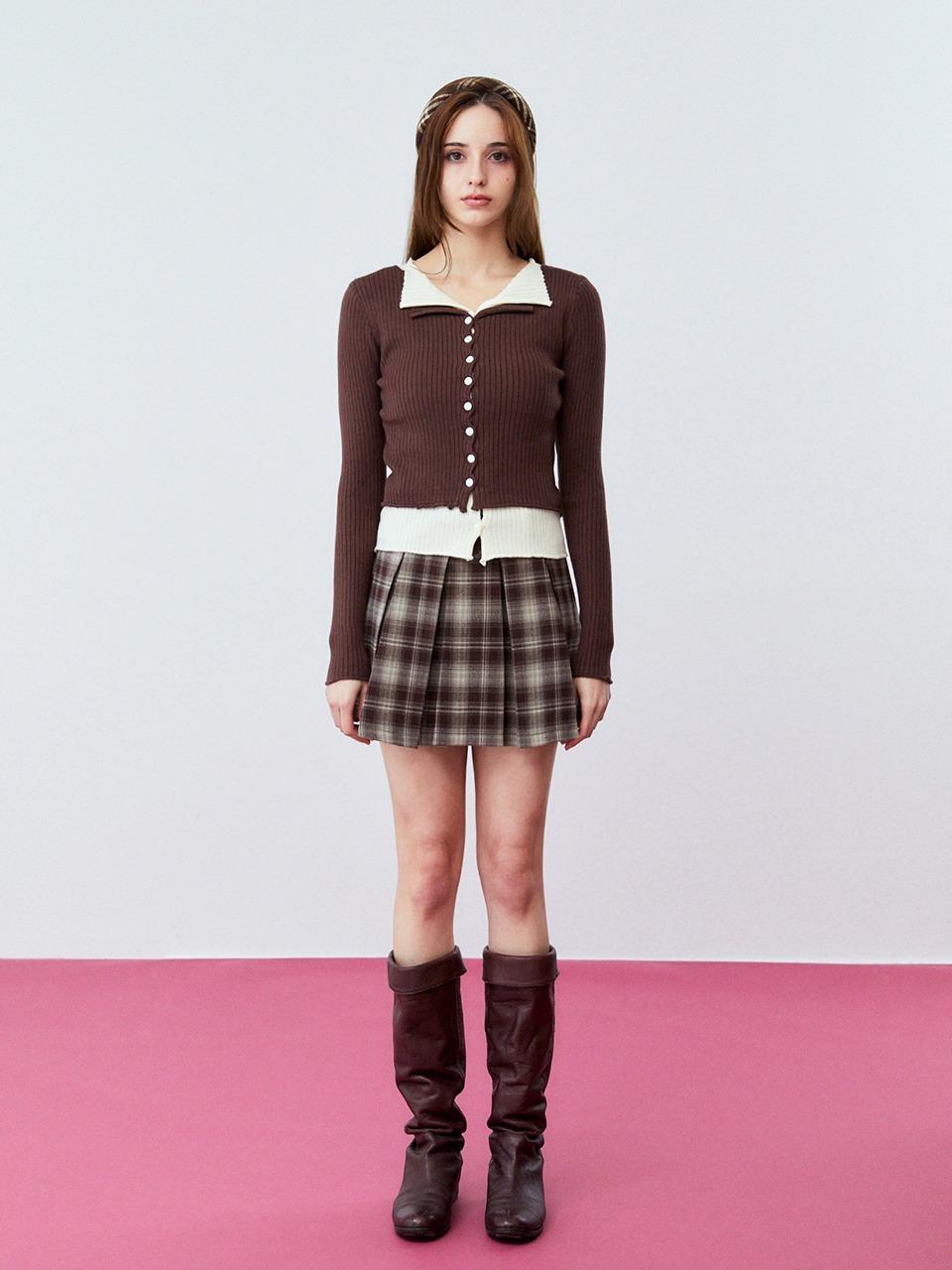체크 플리츠 미니 치마바지 (브라운)