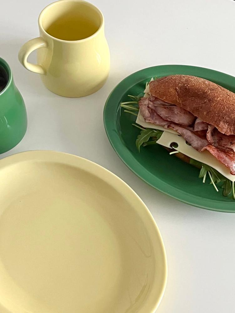 브런치접시 타원 오벌 플레이트 그릇 그린 옐로우 머그 [우모레]