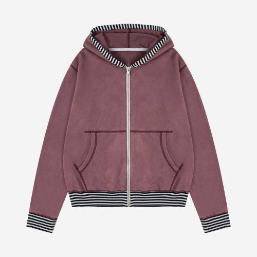 STRIPE POINT WASHING HOODIE ZIPUP (BURGUNDY)
