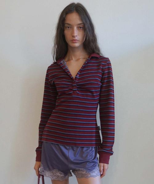 Shirring Tennis Shirt Wine Stripe