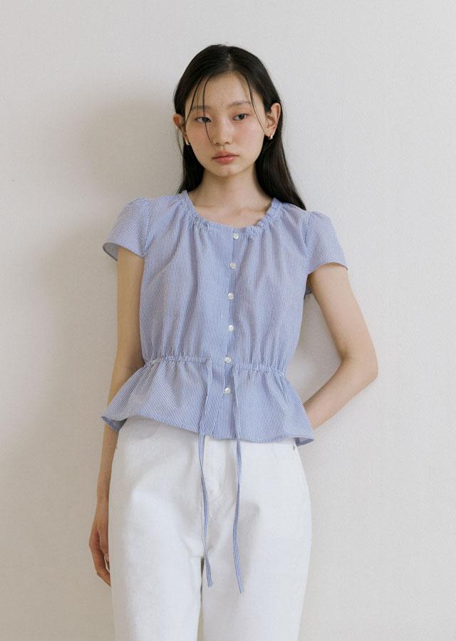 shirring peplum blouse-stripe