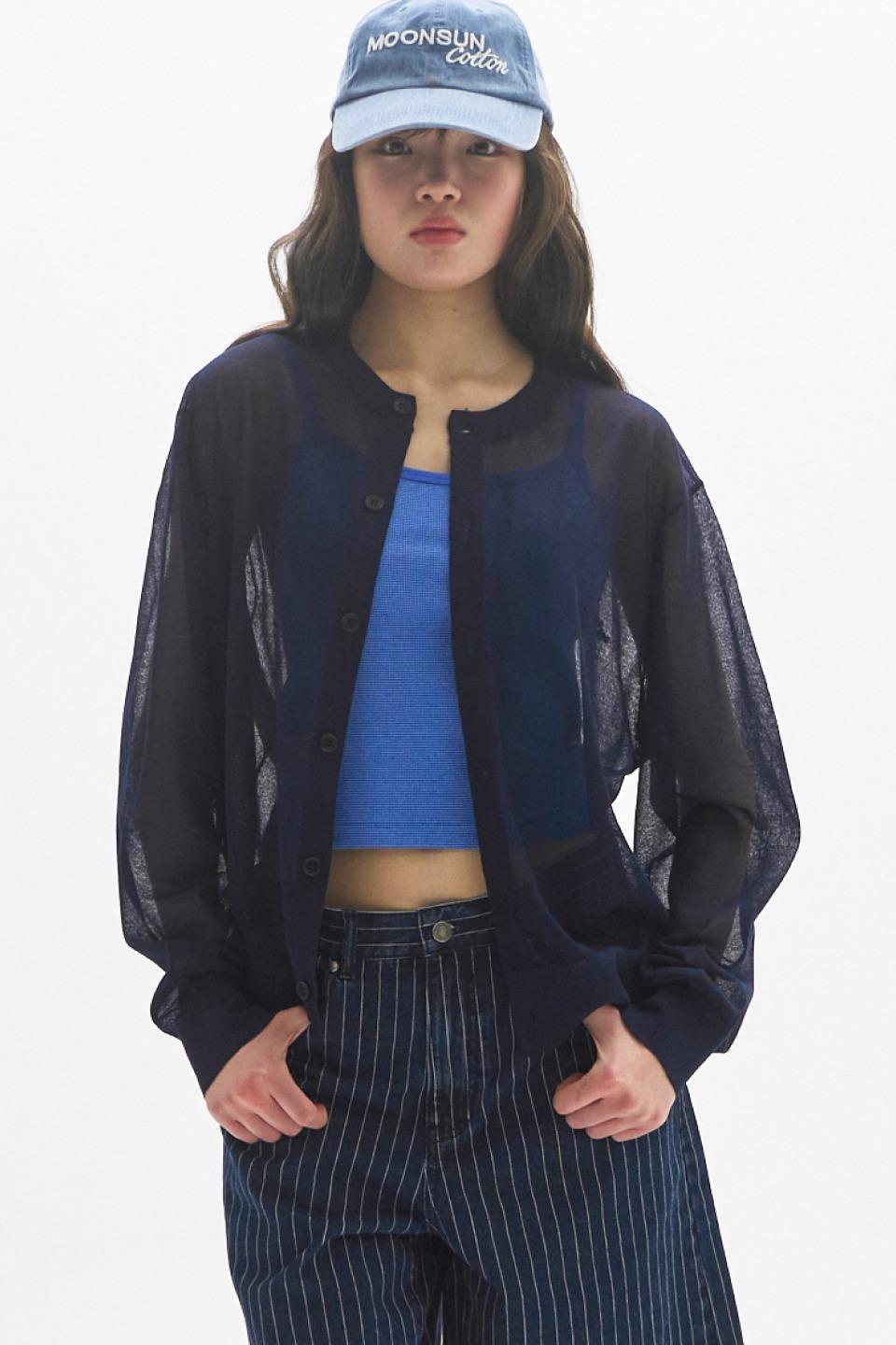 M.C UNISEX, Logo Sheer Knit Cardigan / NAVY