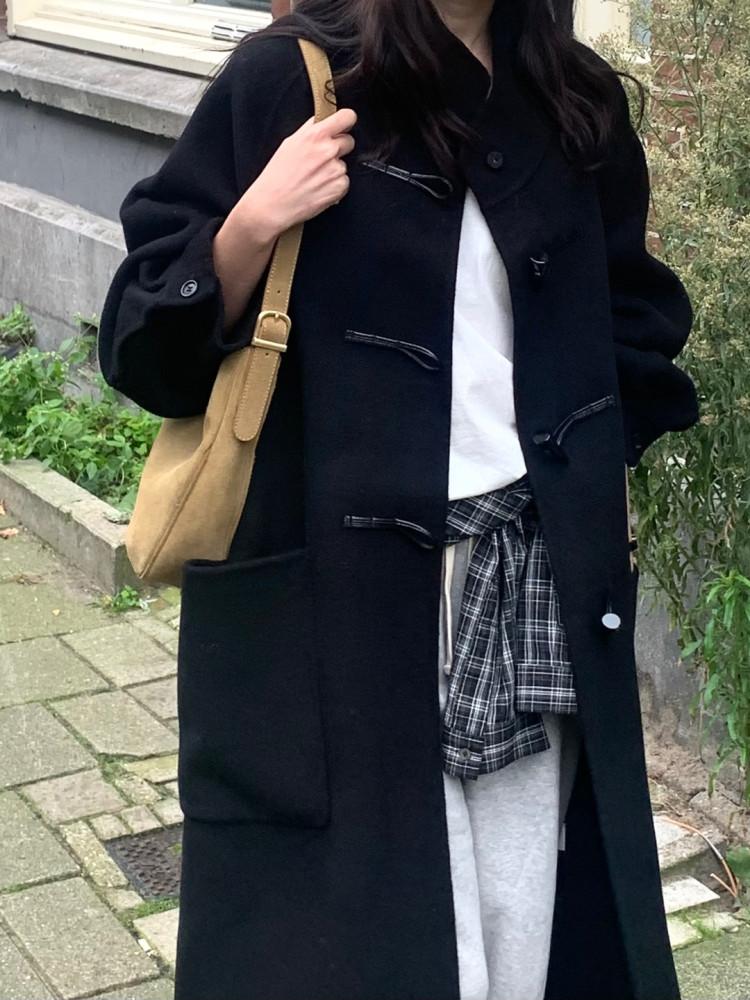 카멜 차콜 블랙 당일/ 베르가못 핸드메이드 하이넥 더플 떡볶이 울 롱 코트