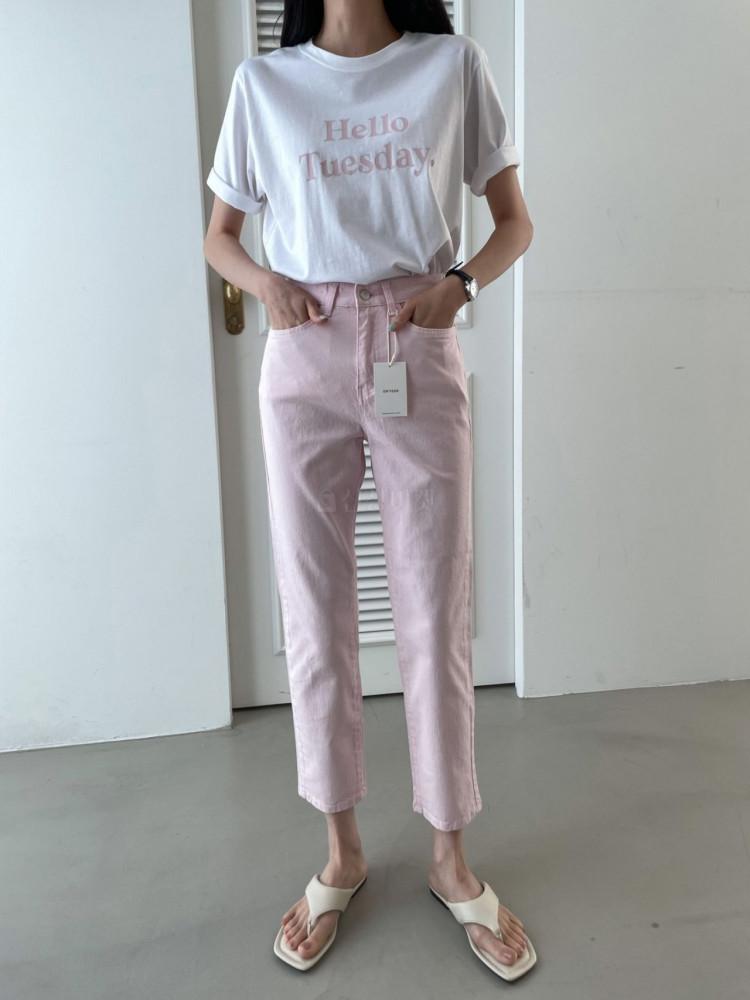 흰바지 핑크바지 슬림 9부 스판 면 여성 여름 350 팬츠