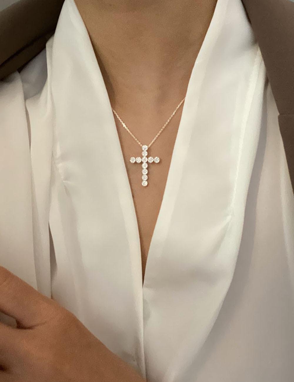 925실버 꽃 큐빅 십자가 은 목걸이