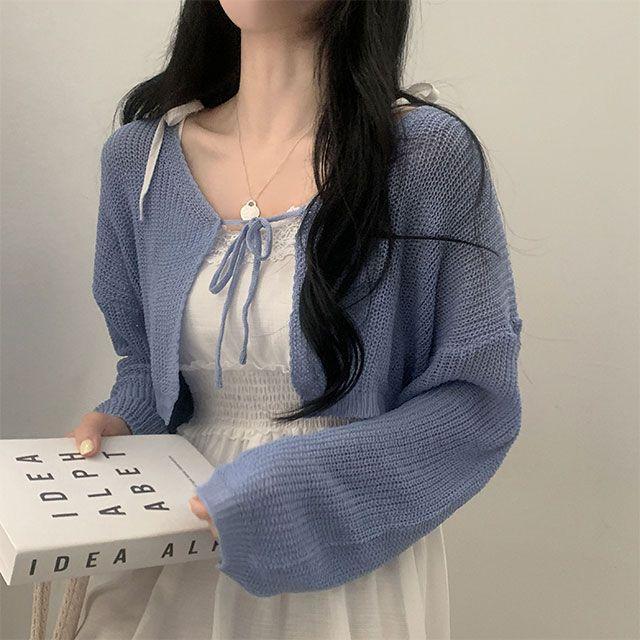 [여리핏/여름까지~] 파우더 리본 크롭 볼레로 니트가디건_슈가파우더