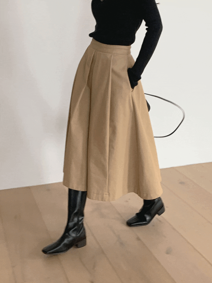 포젤 코튼 더블 핀턱 A라인 햅번 플레어 스커트 1color
