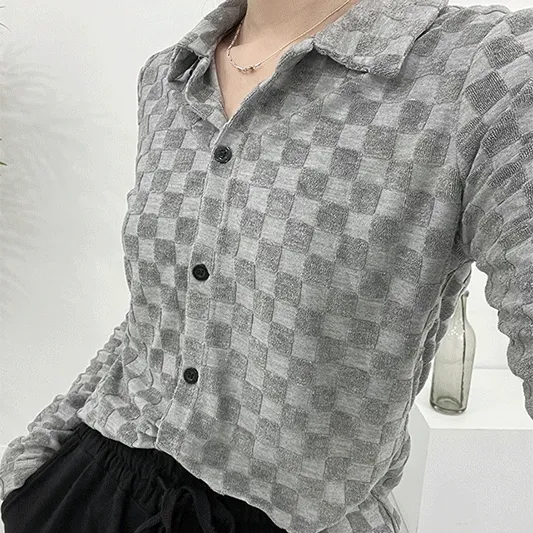 투톤 빈티지 체스 크롭 블라우스 (2color) 벨벳 셔츠