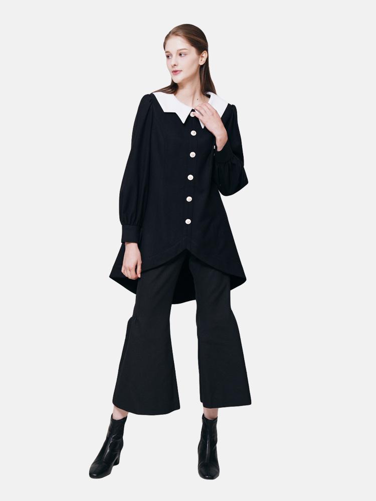 화이트 배색 카라 버튼 울 블라우스