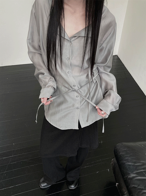 느웬 [블루, 그레이, 화이트 당일출고!] 플랫 시스루 블라우스 (4colors)(스트링블라우스/하객룩/출근룩/봄셔츠)