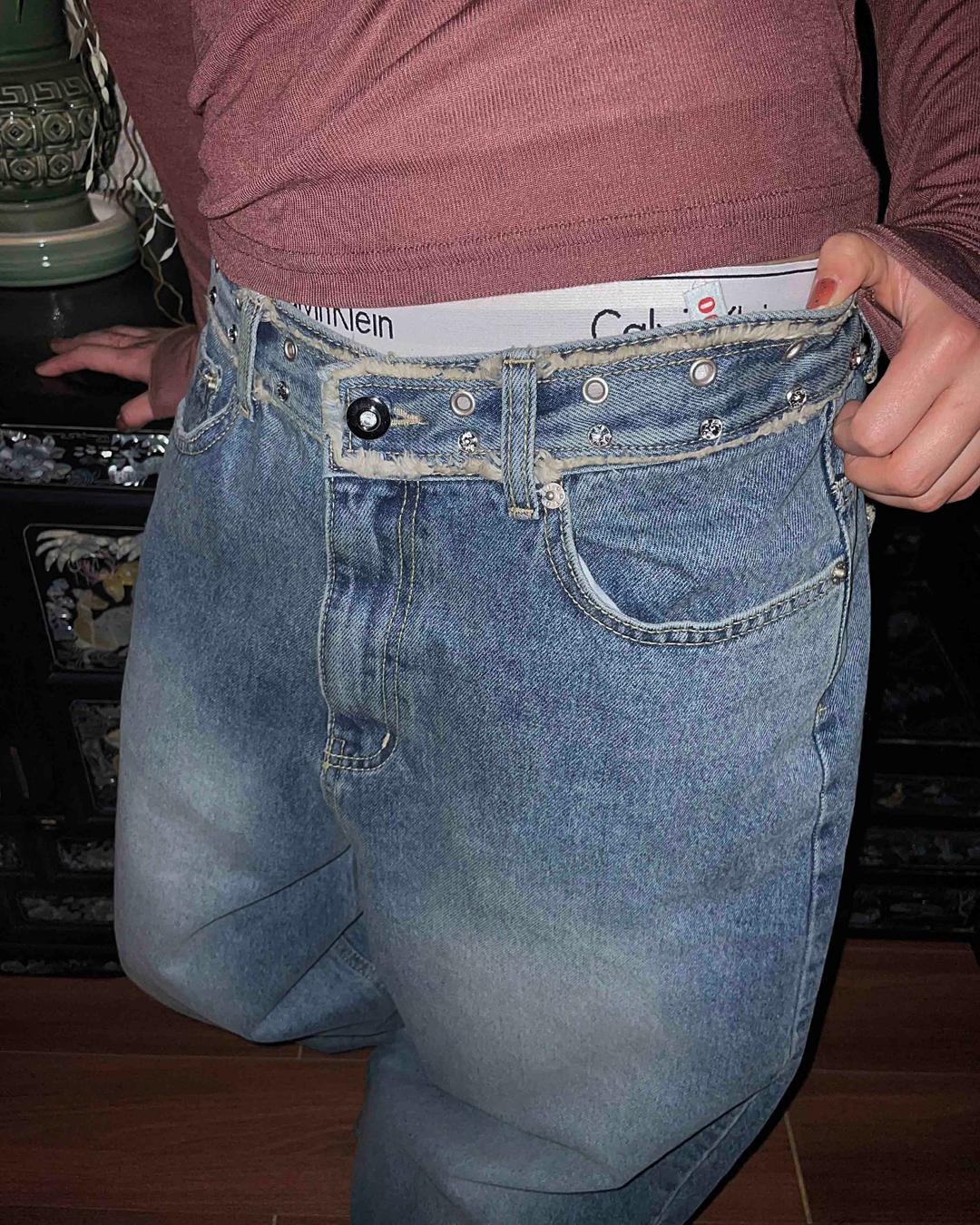 도우치도우치 큐빅 스터드 프린지 중청 와이드 데님 팬츠