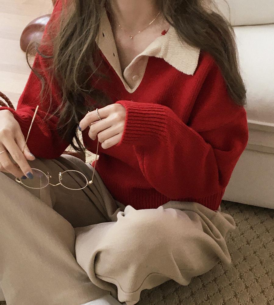 에딘버러 울 카라 배색 단추 크롭 컬러 니트