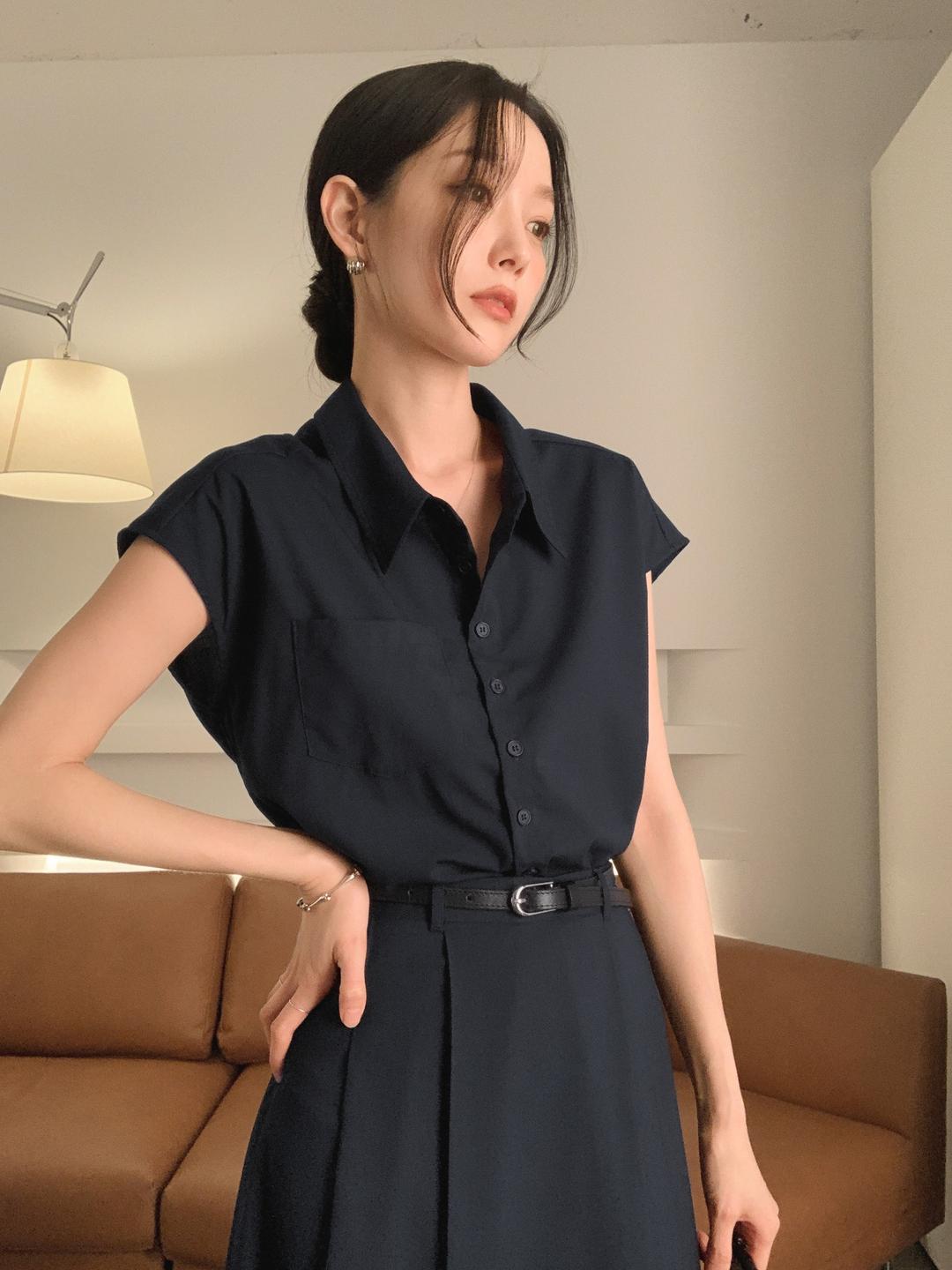 사색 매리언 여름 캡소매 포켓 셔츠 (네이비)