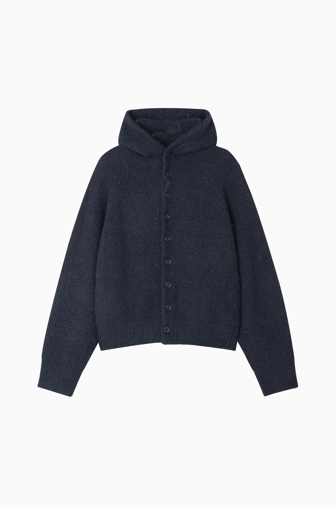 PULL-UP BUTTON HOODED CARDIGAN - NAVY