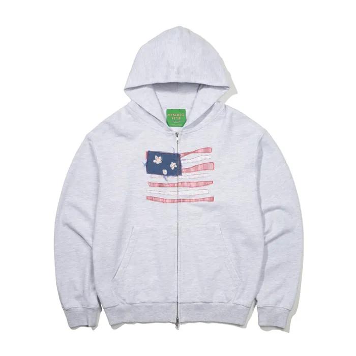 USA FLAG APPLIQUE ZIP HOODIE - LIGHT GRAY