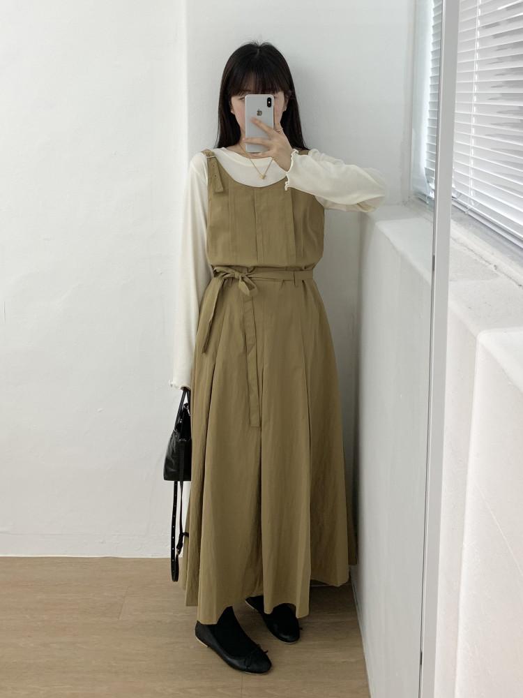 가드니 뷔스티에 핀턱 롱 원피스 벨트 ( 베이지 블랙 )