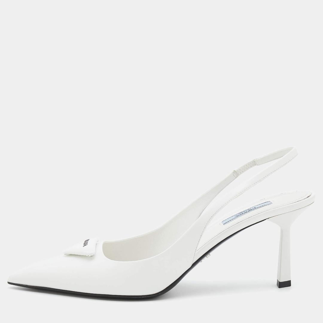 Prada White Leather Pointed Toe Slingback Pumps Size 38.5