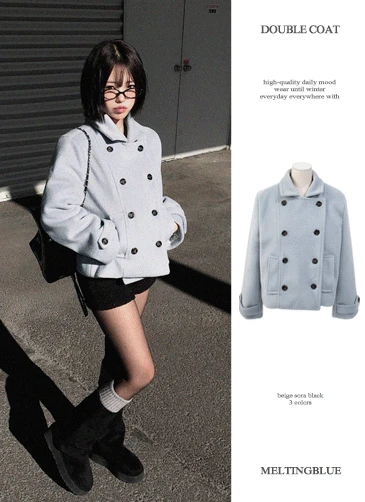 *저렴이비교컷O*라이 더블버튼 숏코트 하프코트 더블숏코트 겨울아우터 겨울코트 울코트 하이넥코트 반코트 울 하프코트 연말룩(베이지/소라/블랙)