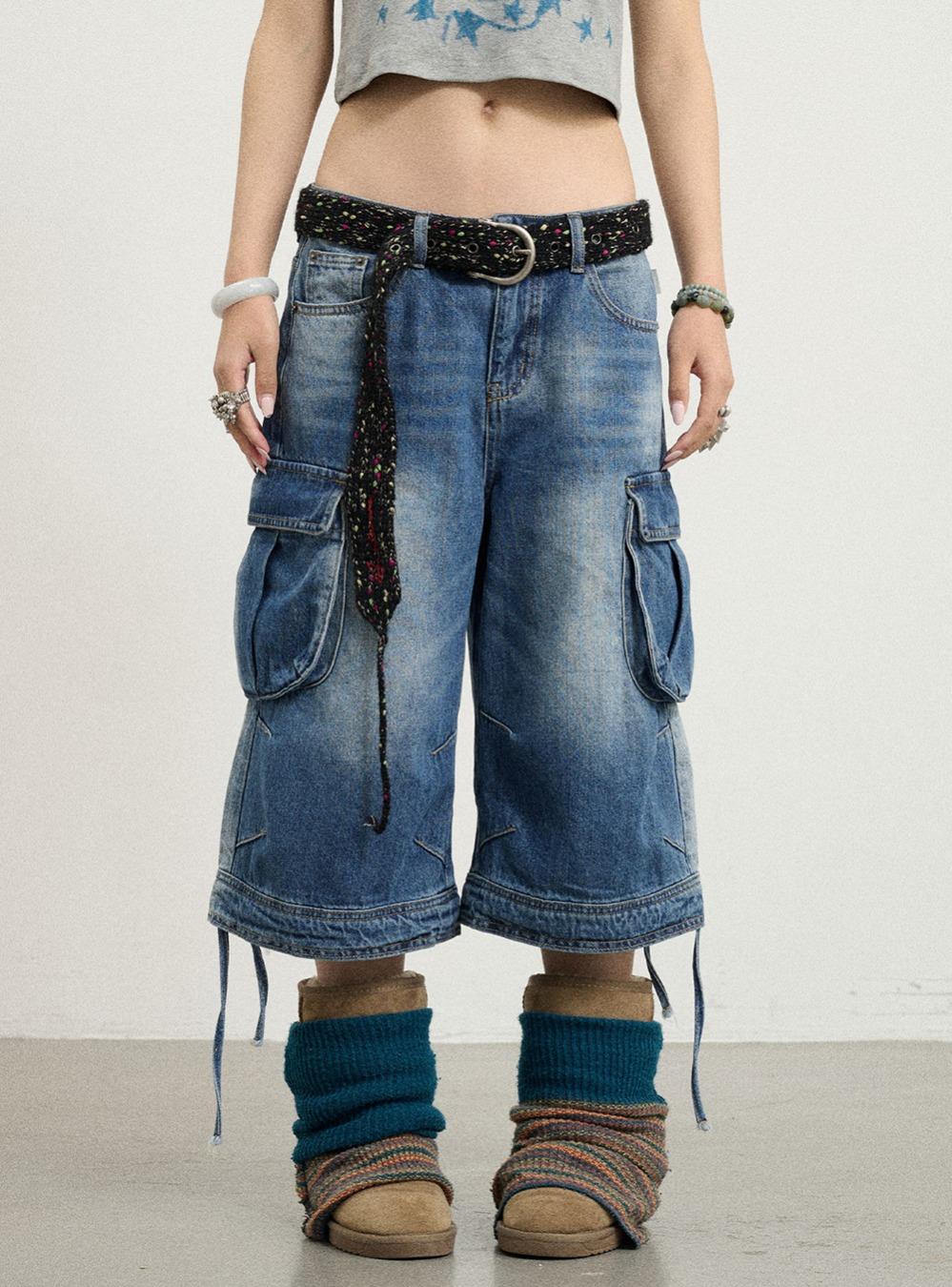 String Hem Washed Denim Shorts