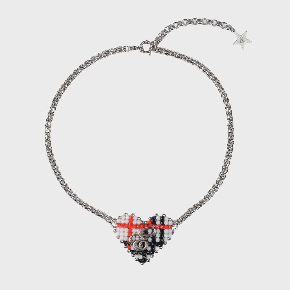 BEADED TARTAN CHECK HEART NECKLACE (WHITE)