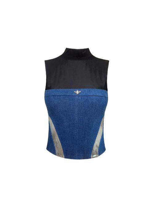 mesh and silver patch denim sleeveless top
